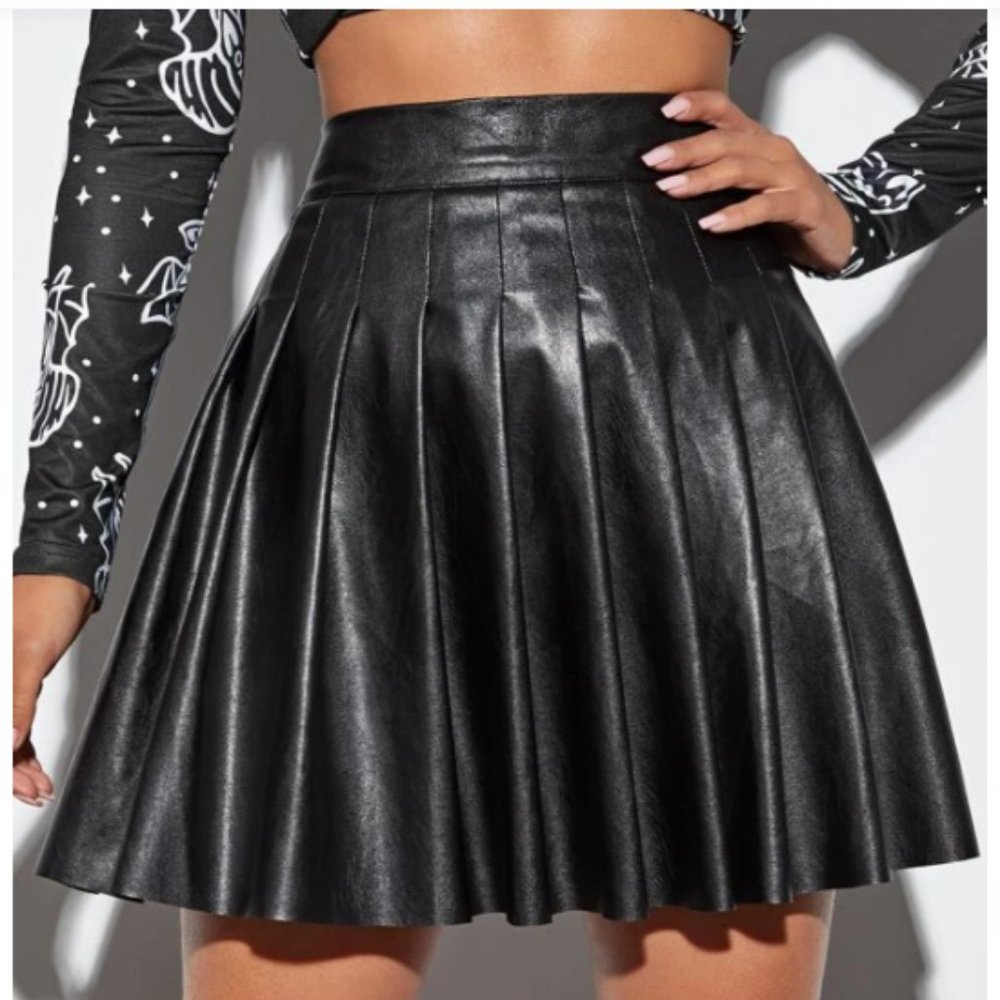 Black PU Leather Pleated Skirt